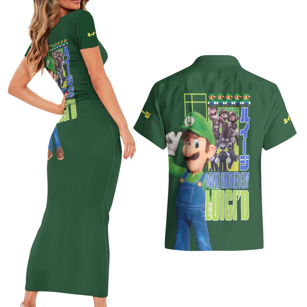 Luigi Mario Bros Couples Matching Short Sleeve Bodycon Dress and Hawaiian Shirt Japan Anime Style - The Mazicc