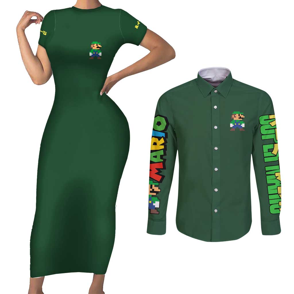 Luigi Mario Bros Couples Matching Short Sleeve Bodycon Dress and Long Sleeve Button Shirt Japan Anime Style - The Mazicc