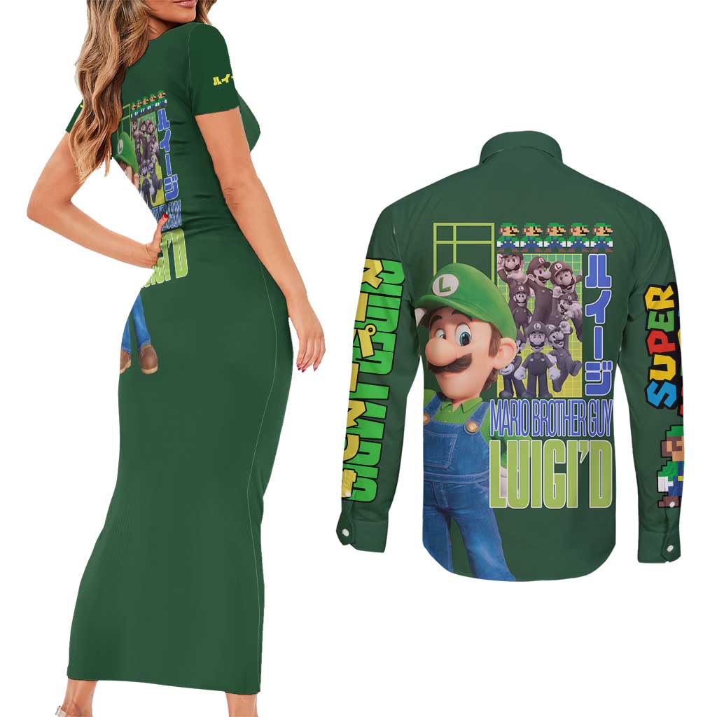 Luigi Mario Bros Couples Matching Short Sleeve Bodycon Dress and Long Sleeve Button Shirt Japan Anime Style - The Mazicc