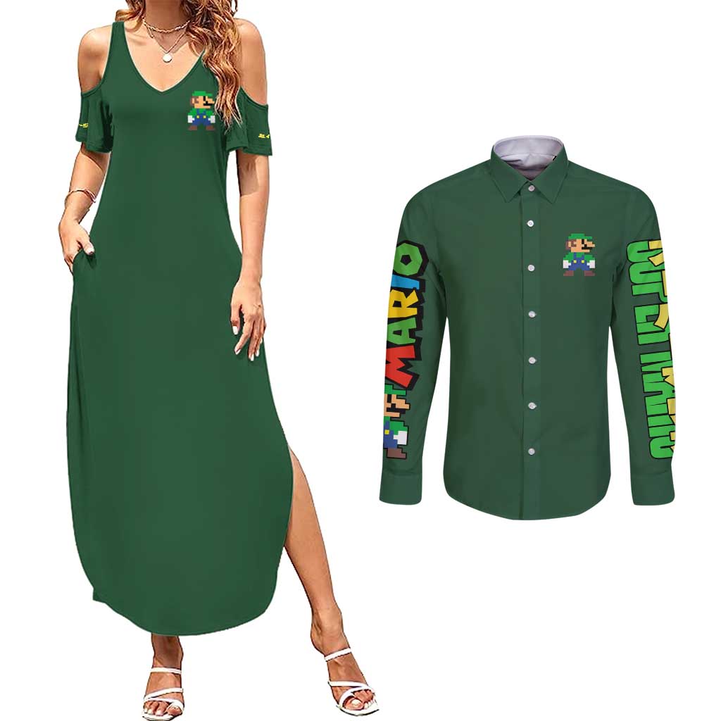 Luigi Mario Bros Couples Matching Summer Maxi Dress and Long Sleeve Button Shirt Japan Anime Style - The Mazicc