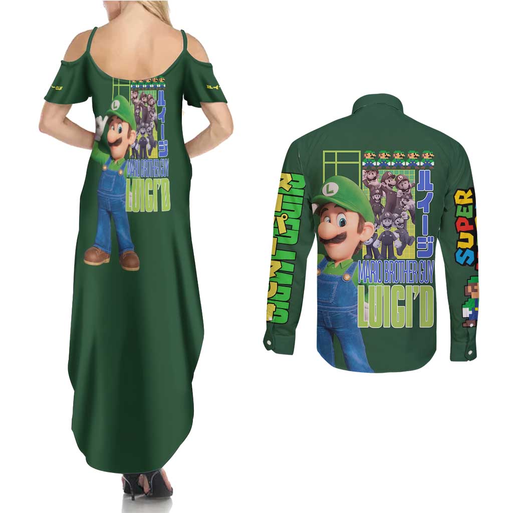 Luigi Mario Bros Couples Matching Summer Maxi Dress and Long Sleeve Button Shirt Japan Anime Style - The Mazicc