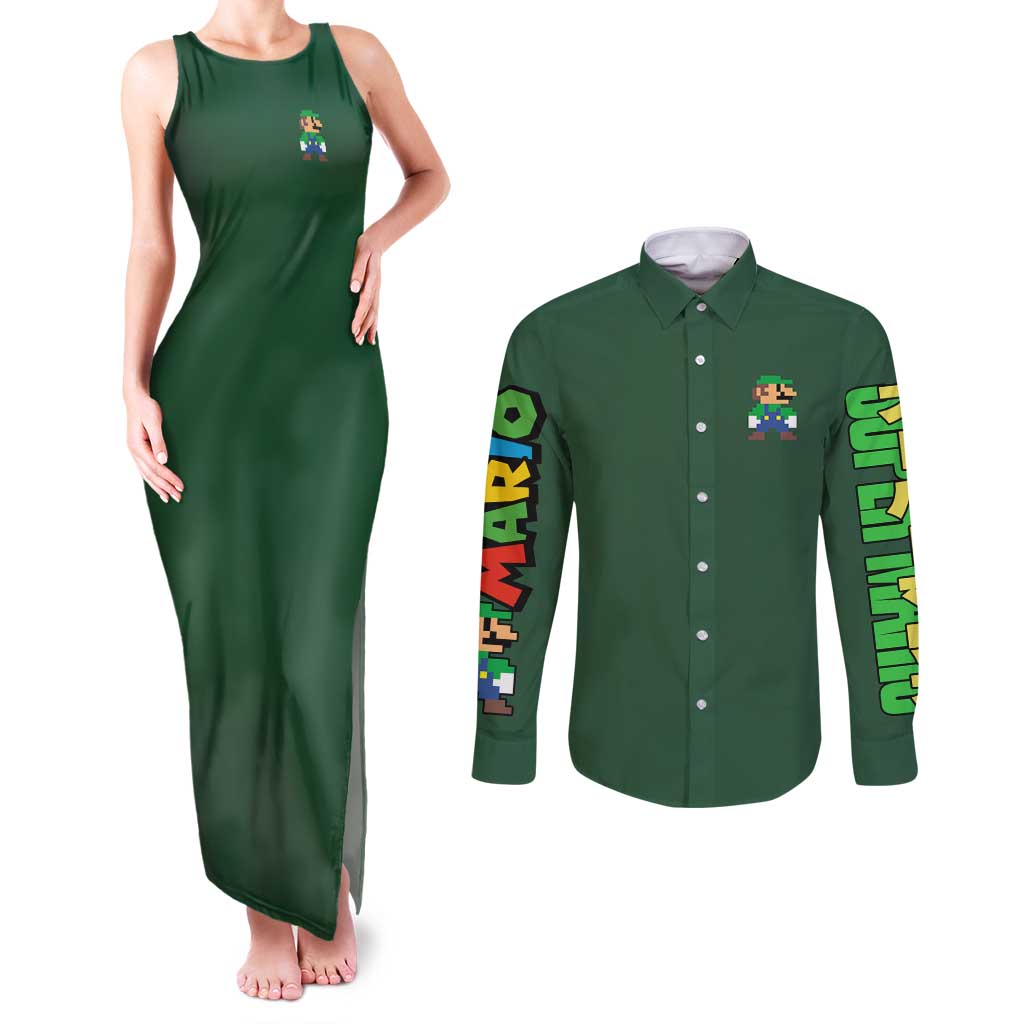 Luigi Mario Bros Couples Matching Tank Maxi Dress and Long Sleeve Button Shirt Japan Anime Style - The Mazicc