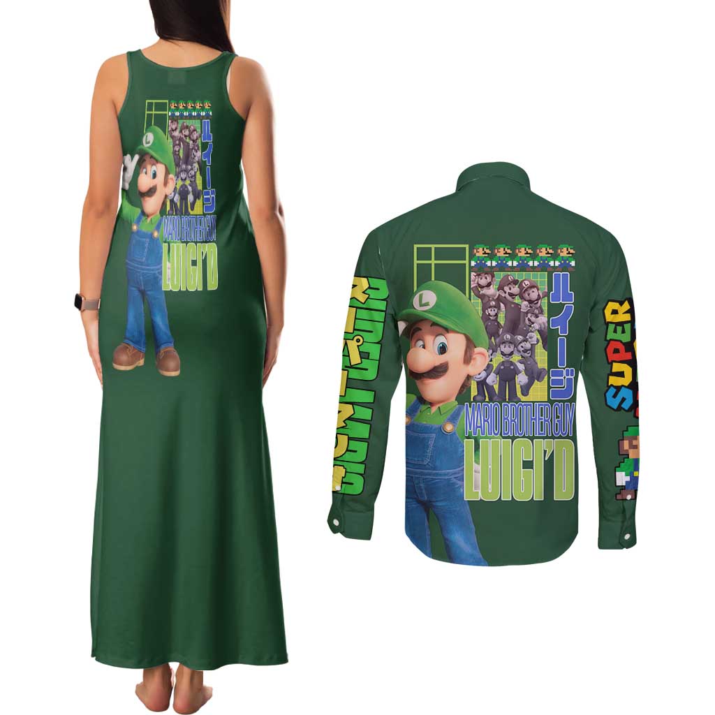 Luigi Mario Bros Couples Matching Tank Maxi Dress and Long Sleeve Button Shirt Japan Anime Style - The Mazicc