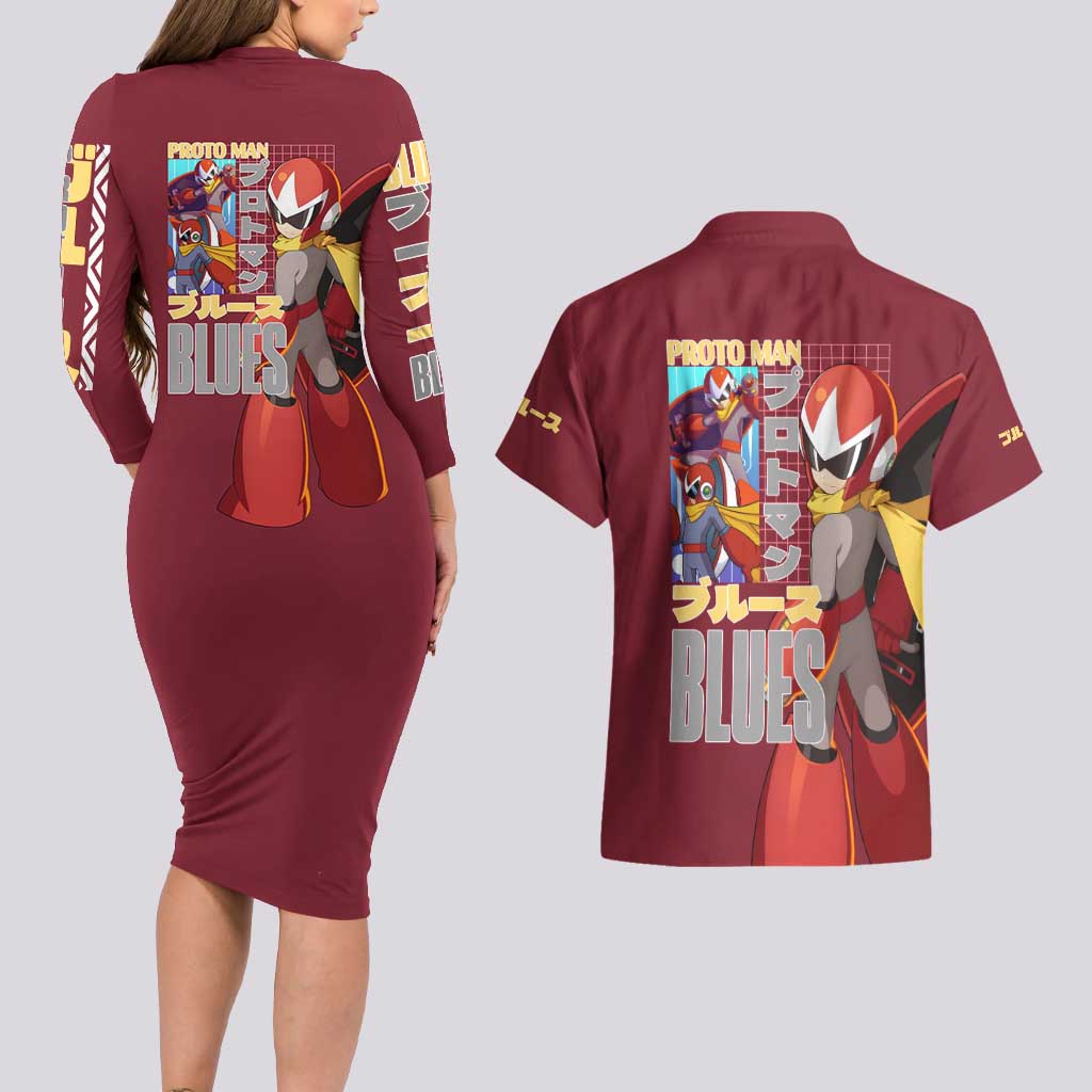 Proto Man Mega Man Couples Matching Long Sleeve Bodycon Dress and Hawaiian Shirt Japan Anime Style - The Mazicc