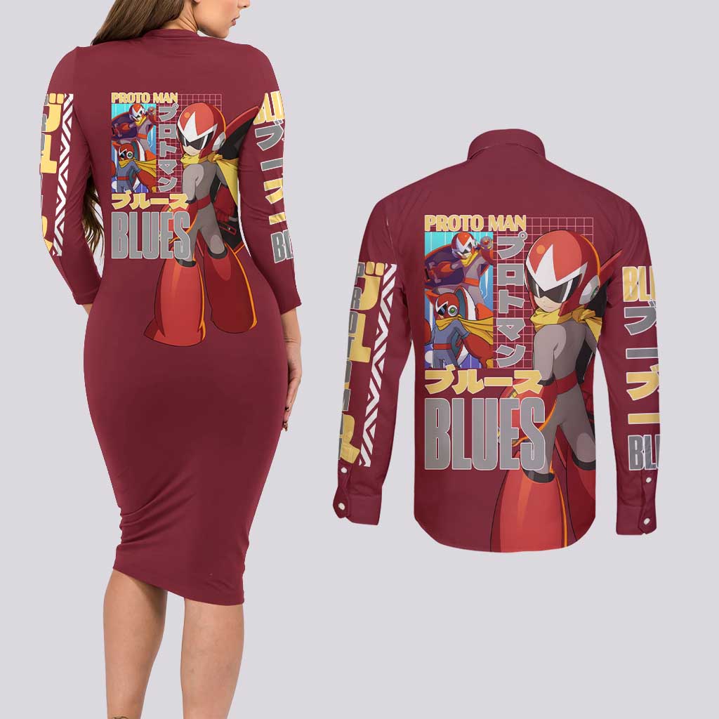 Proto Man Mega Man Couples Matching Long Sleeve Bodycon Dress and Long Sleeve Button Shirt Japan Anime Style - The Mazicc