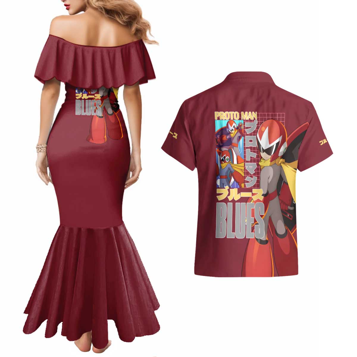 Proto Man Mega Man Couples Matching Mermaid Dress and Hawaiian Shirt Japan Anime Style - The Mazicc