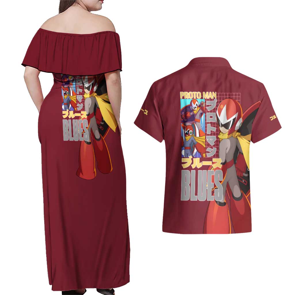 Proto Man Mega Man Couples Matching Off Shoulder Maxi Dress and Hawaiian Shirt Japan Anime Style - The Mazicc