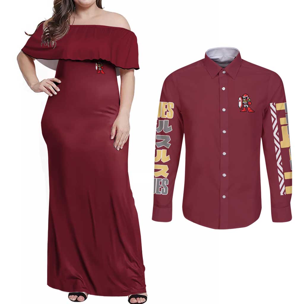 Proto Man Mega Man Couples Matching Off Shoulder Maxi Dress and Long Sleeve Button Shirt Japan Anime Style - The Mazicc