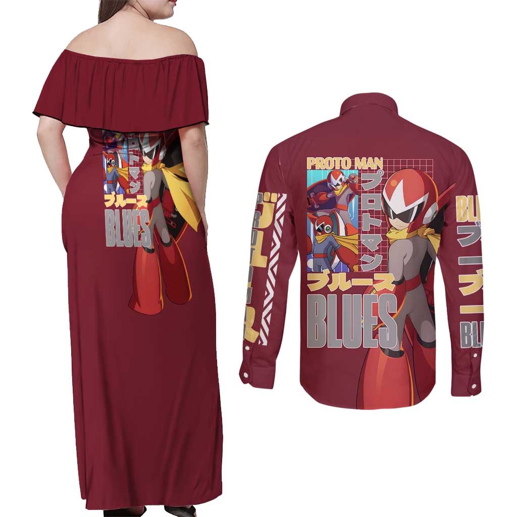 Proto Man Mega Man Couples Matching Off Shoulder Maxi Dress and Long Sleeve Button Shirt Japan Anime Style - The Mazicc