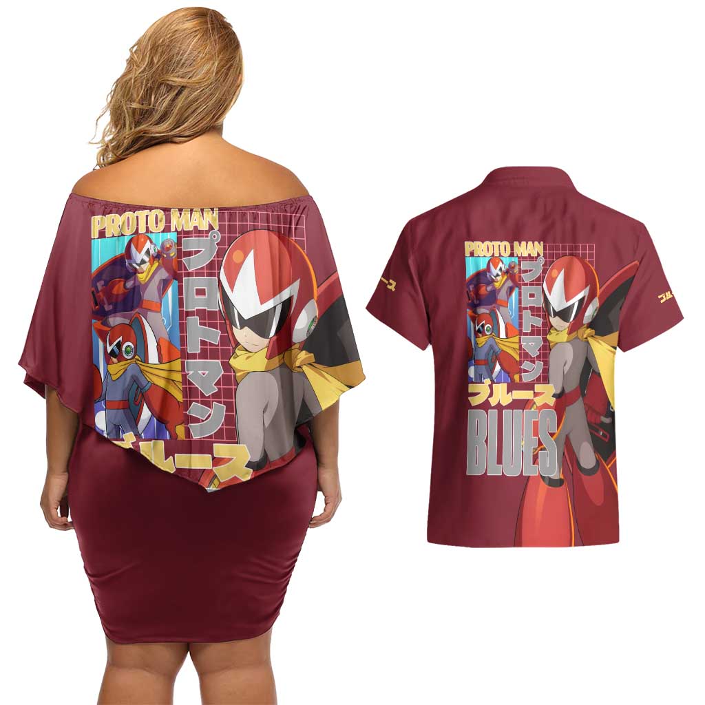 Proto Man Mega Man Couples Matching Off Shoulder Short Dress and Hawaiian Shirt Japan Anime Style - The Mazicc