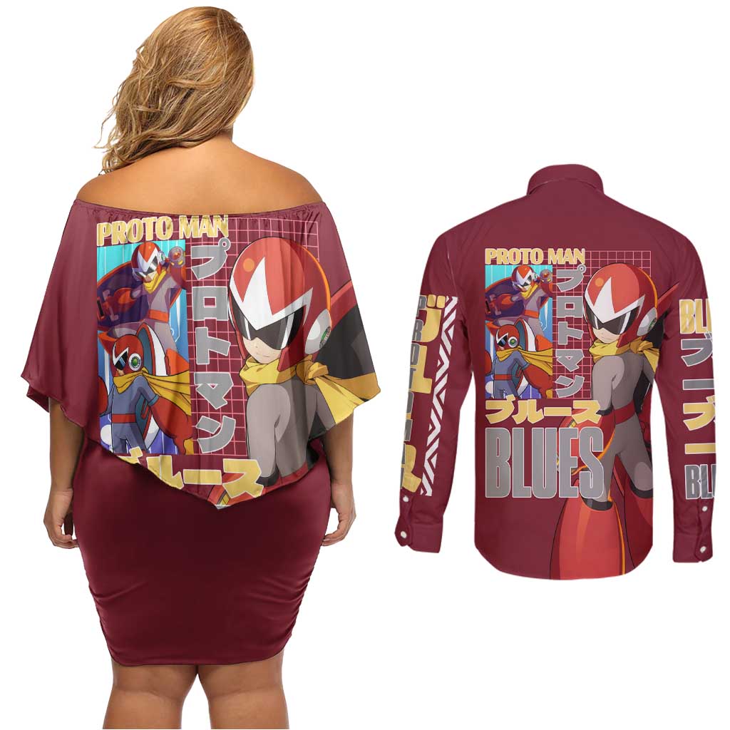 Proto Man Mega Man Couples Matching Off Shoulder Short Dress and Long Sleeve Button Shirt Japan Anime Style - The Mazicc