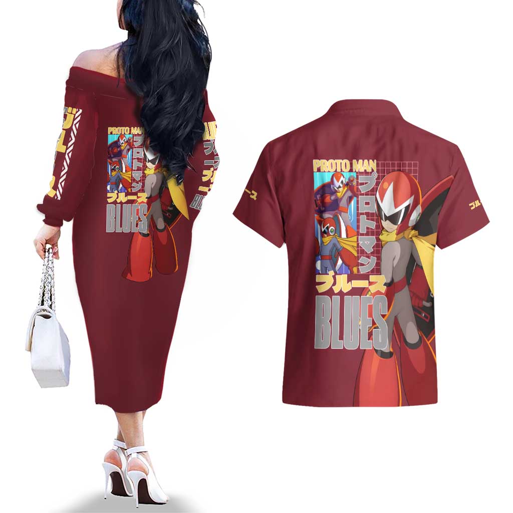 Proto Man Mega Man Couples Matching Off The Shoulder Long Sleeve Dress and Hawaiian Shirt Japan Anime Style - The Mazicc