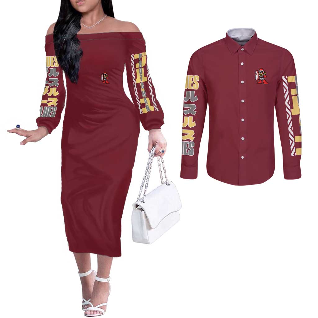 Proto Man Mega Man Couples Matching Off The Shoulder Long Sleeve Dress and Long Sleeve Button Shirt Japan Anime Style - The Mazicc