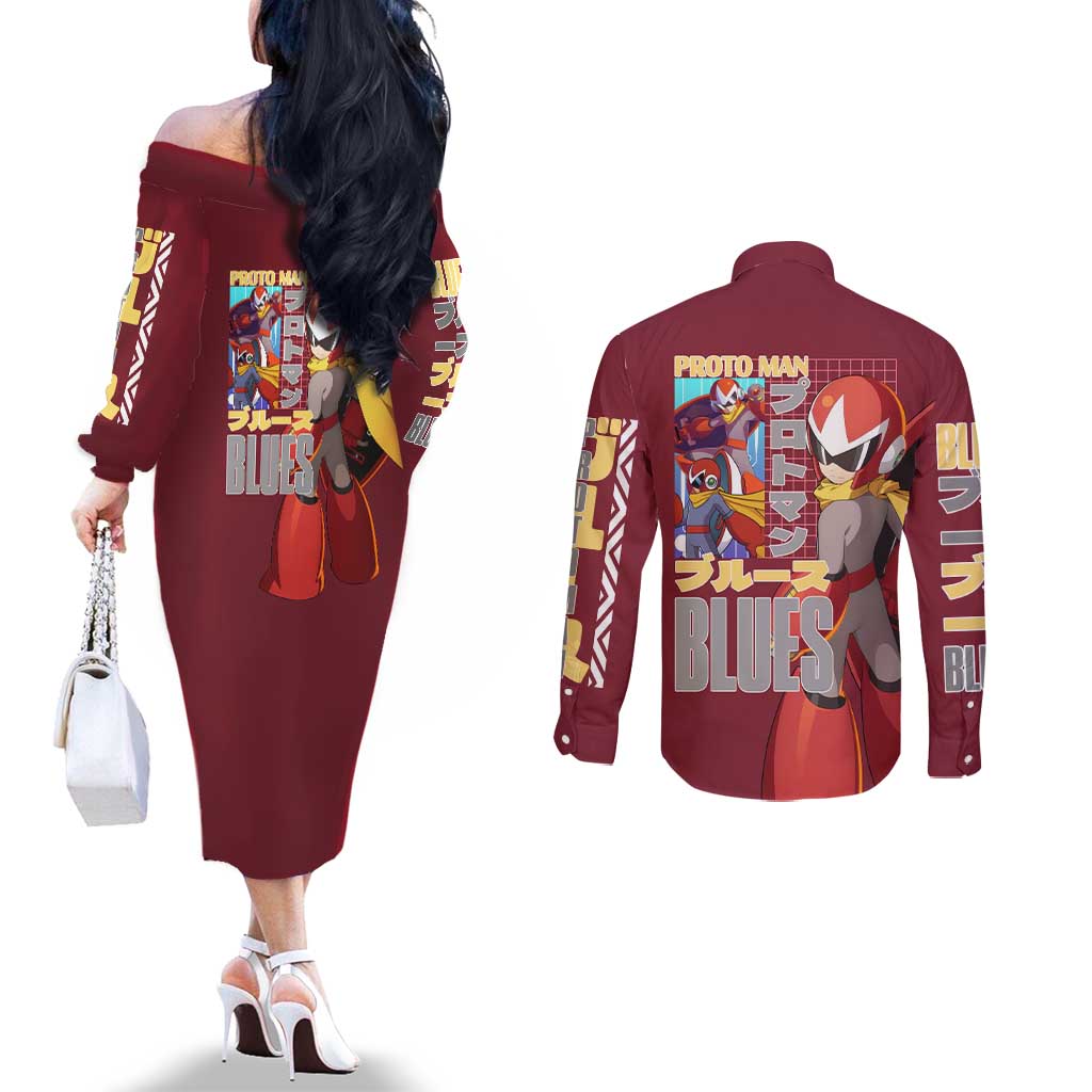 Proto Man Mega Man Couples Matching Off The Shoulder Long Sleeve Dress and Long Sleeve Button Shirt Japan Anime Style - The Mazicc