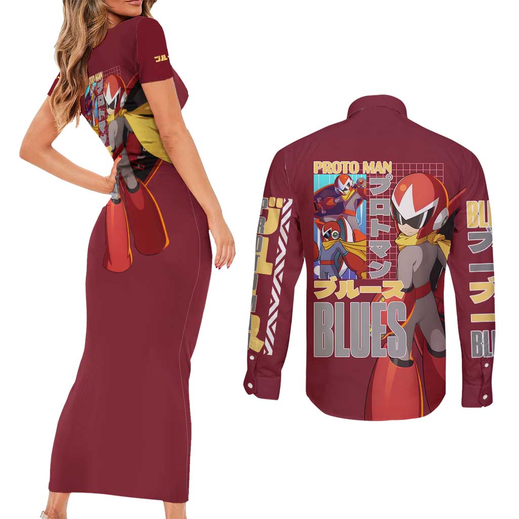Proto Man Mega Man Couples Matching Short Sleeve Bodycon Dress and Long Sleeve Button Shirt Japan Anime Style - The Mazicc