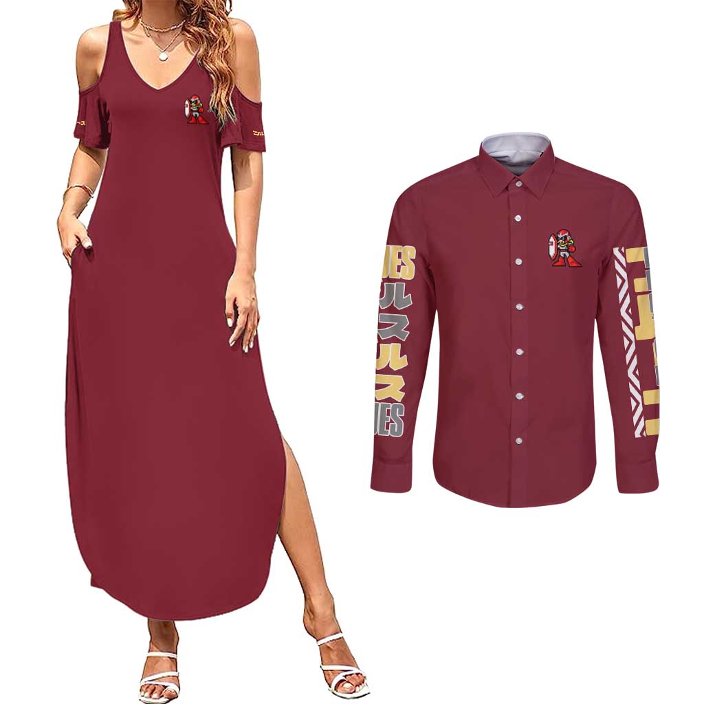 Proto Man Mega Man Couples Matching Summer Maxi Dress and Long Sleeve Button Shirt Japan Anime Style - The Mazicc