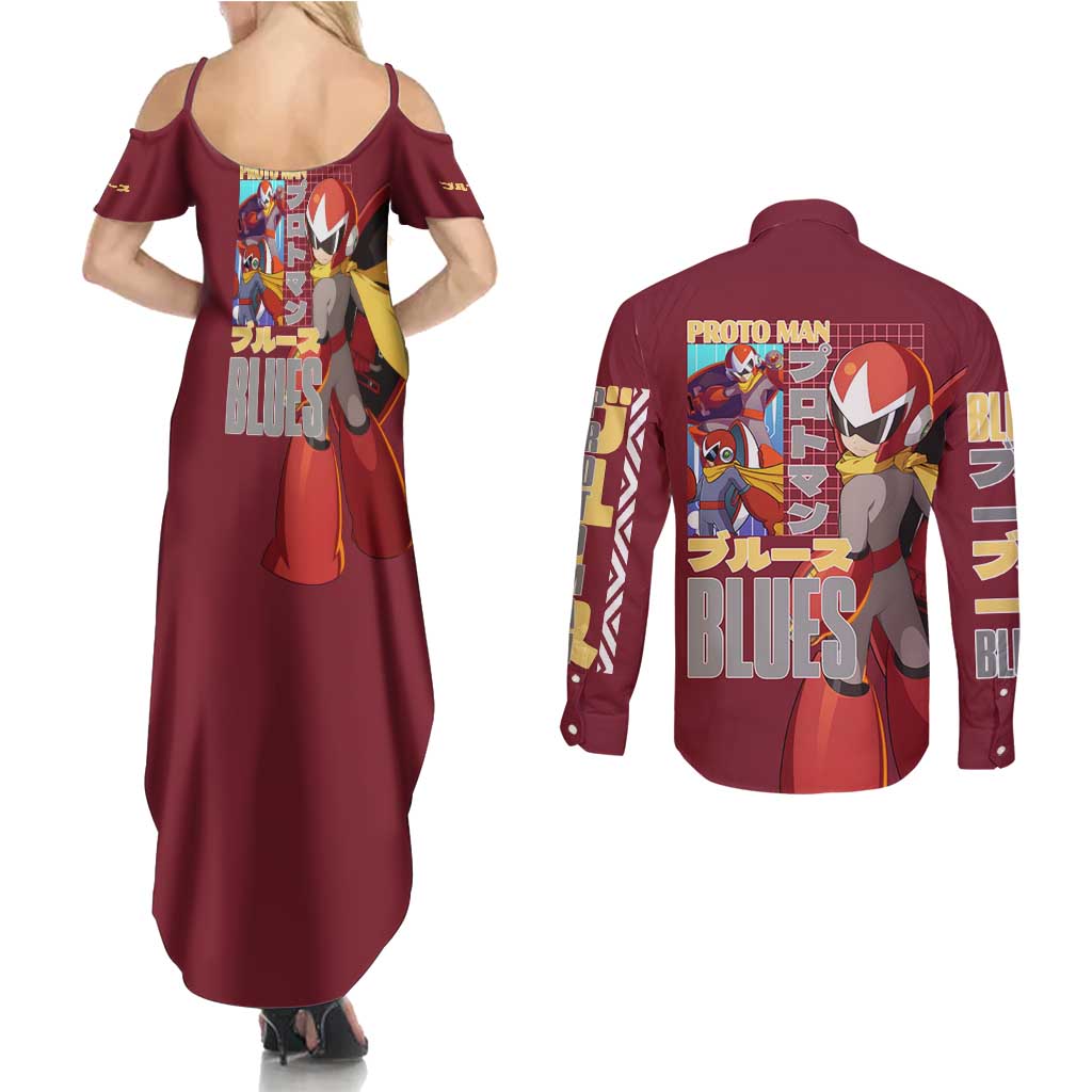 Proto Man Mega Man Couples Matching Summer Maxi Dress and Long Sleeve Button Shirt Japan Anime Style - The Mazicc
