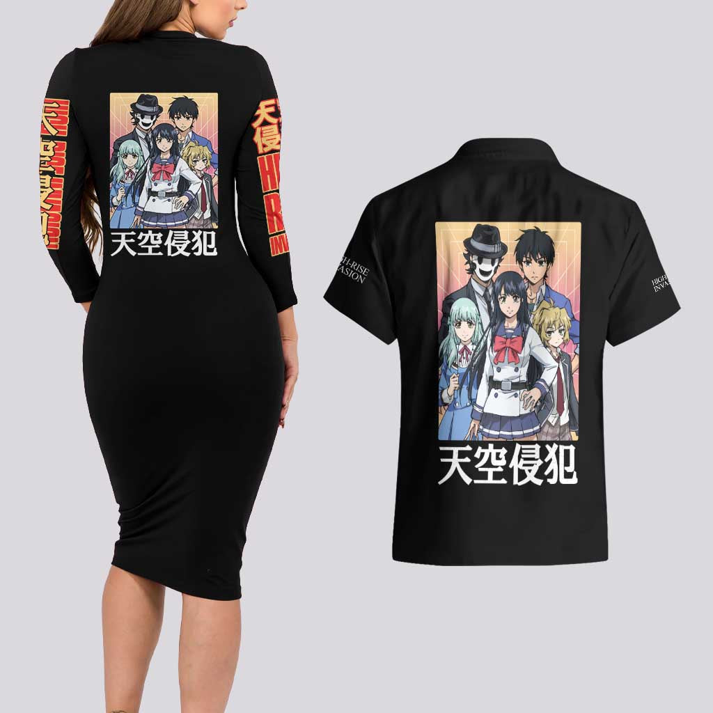 High-Rise Invasion Couples Matching Long Sleeve Bodycon Dress and Hawaiian Shirt Japan Anime Style - The Mazicc