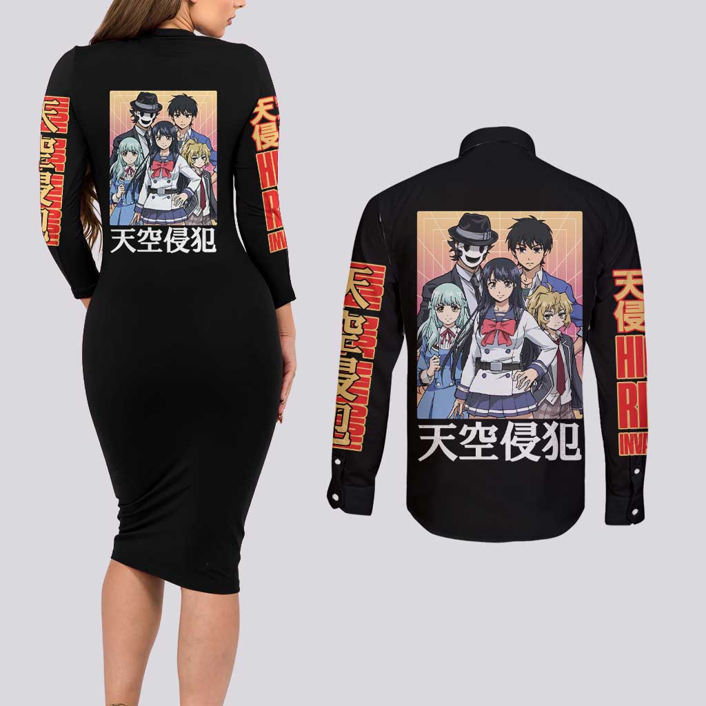 High-Rise Invasion Couples Matching Long Sleeve Bodycon Dress and Long Sleeve Button Shirt Japan Anime Style - The Mazicc