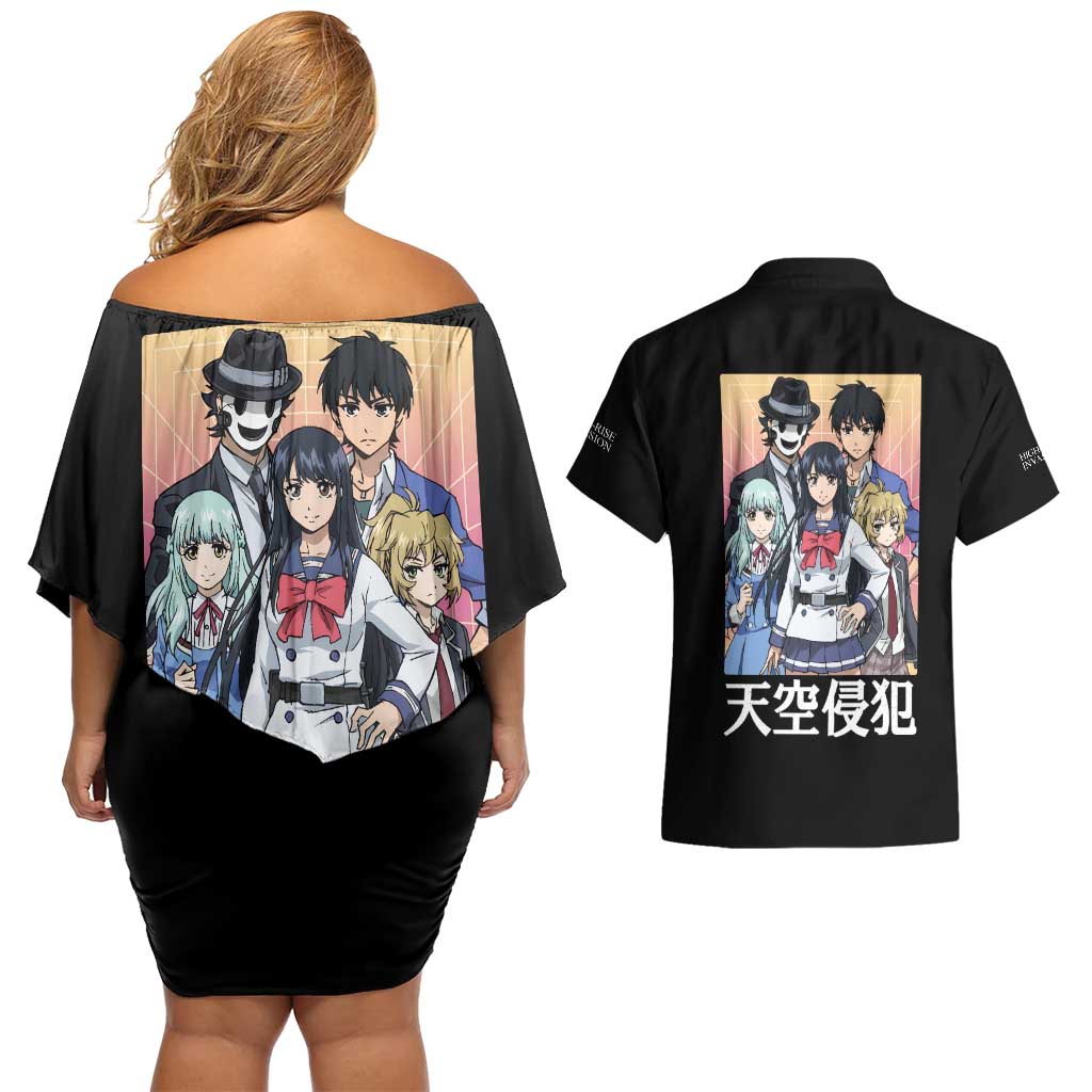 High-Rise Invasion Couples Matching Off Shoulder Short Dress and Hawaiian Shirt Japan Anime Style - The Mazicc