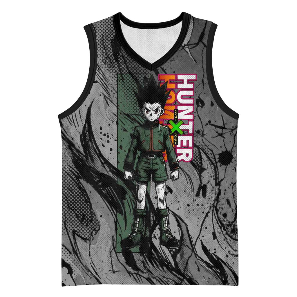 Gon Freecss Hunter x Hunter Dark Grunge Design Basketball Jersey with Transformation Artwork and Anime Graphic Elements - The Mazicc