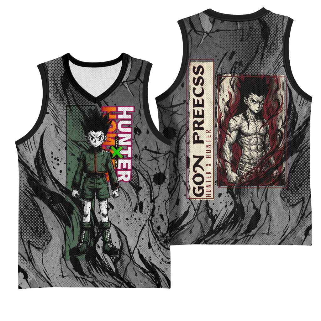 Gon Freecss Hunter x Hunter Dark Grunge Design Basketball Jersey with Transformation Artwork and Anime Graphic Elements - The Mazicc