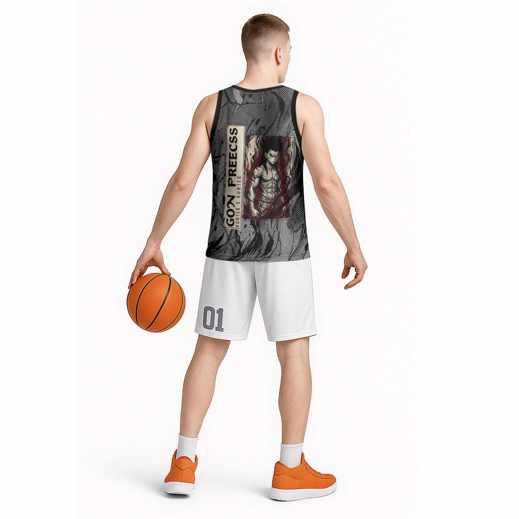 Gon Freecss Hunter x Hunter Dark Grunge Design Basketball Jersey with Transformation Artwork and Anime Graphic Elements - The Mazicc