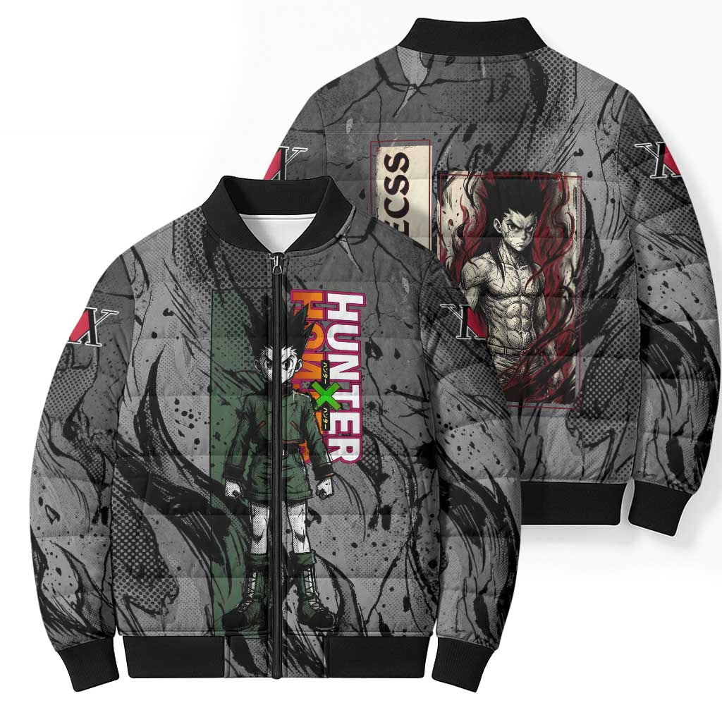 Gon Freecss Hunter x Hunter Dark Grunge Design Bomber Puffer Jacket with Transformation Artwork and Anime Graphic Elements - The Mazicc
