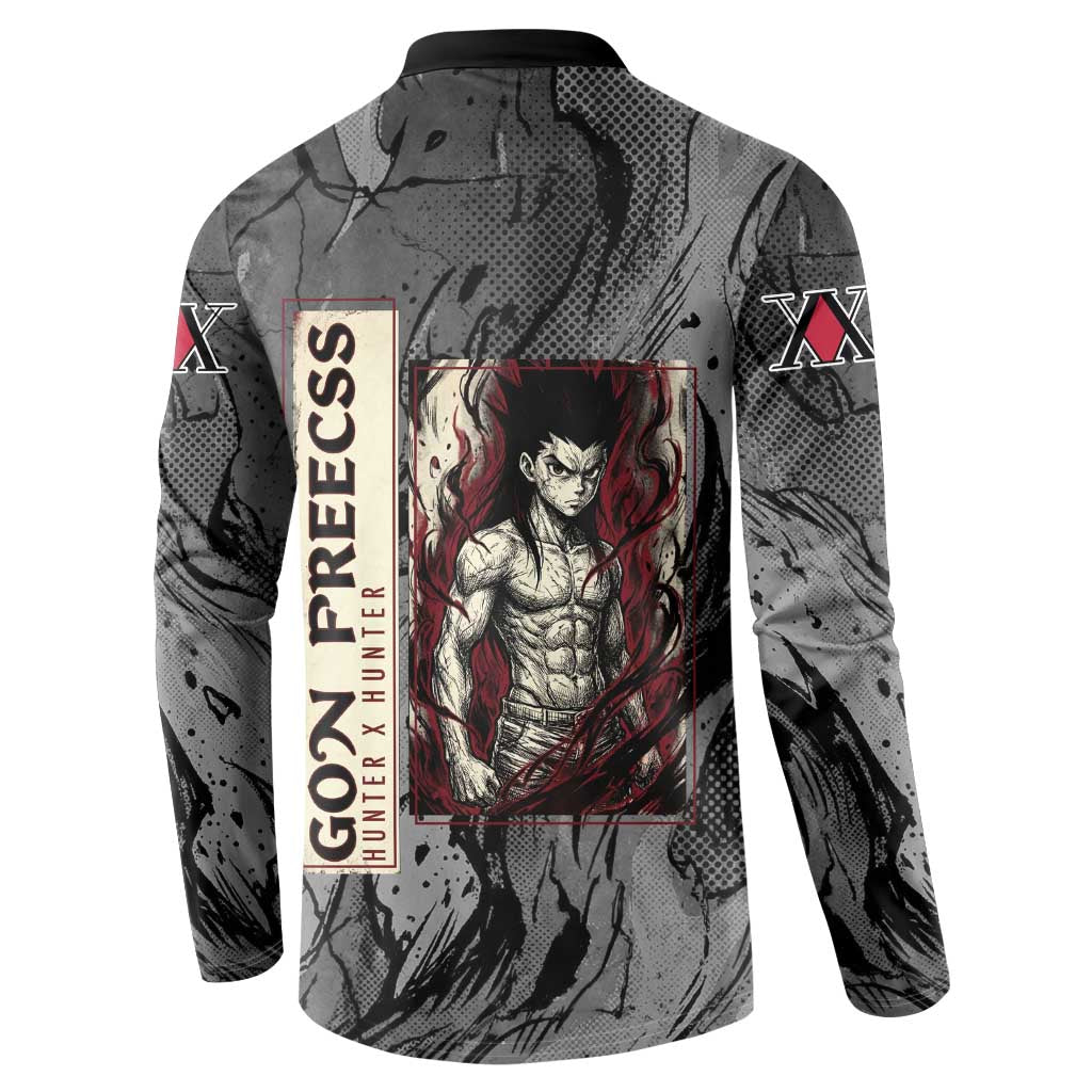 Gon Freecss Hunter x Hunter Dark Grunge Design Button Sweatshirt with Transformation Artwork and Anime Graphic Elements - The Mazicc