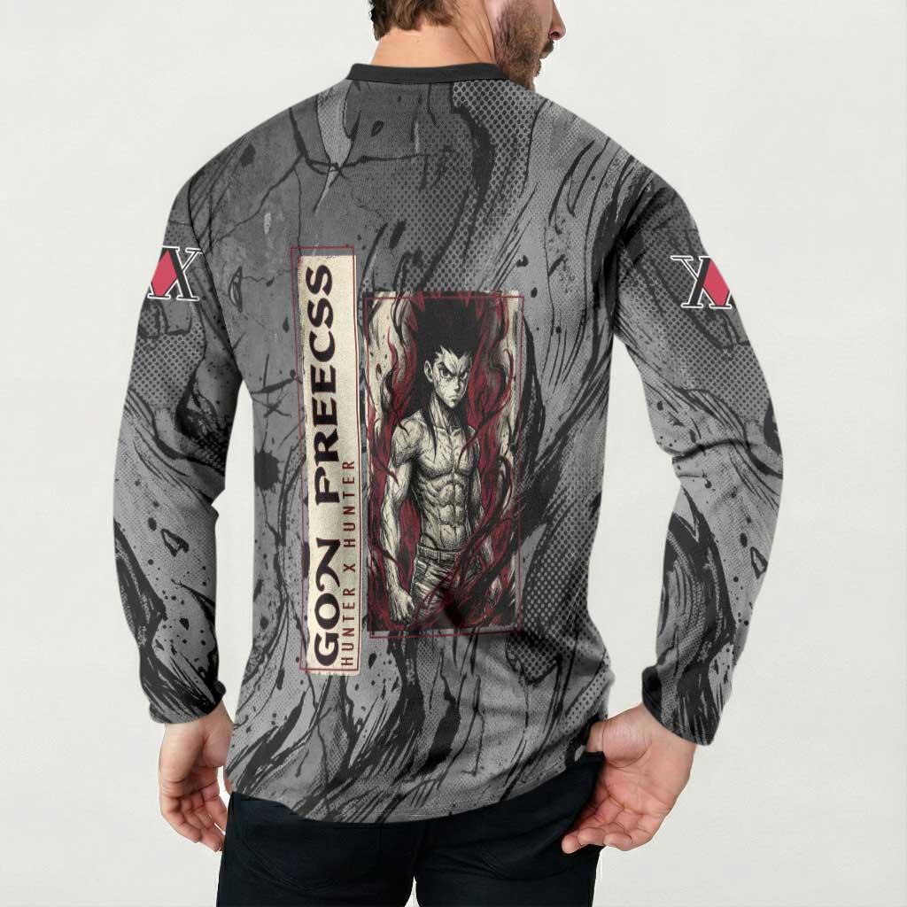 Gon Freecss Hunter x Hunter Dark Grunge Design Button Sweatshirt with Transformation Artwork and Anime Graphic Elements - The Mazicc