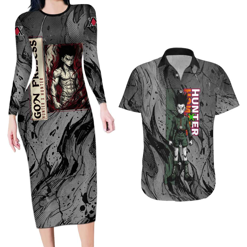 Gon Freecss Hunter x Hunter Dark Grunge Design Couples Matching Long Sleeve Bodycon Dress and Hawaiian Shirt with Transformation Artwork and Anime Graphic Elements - The Mazicc