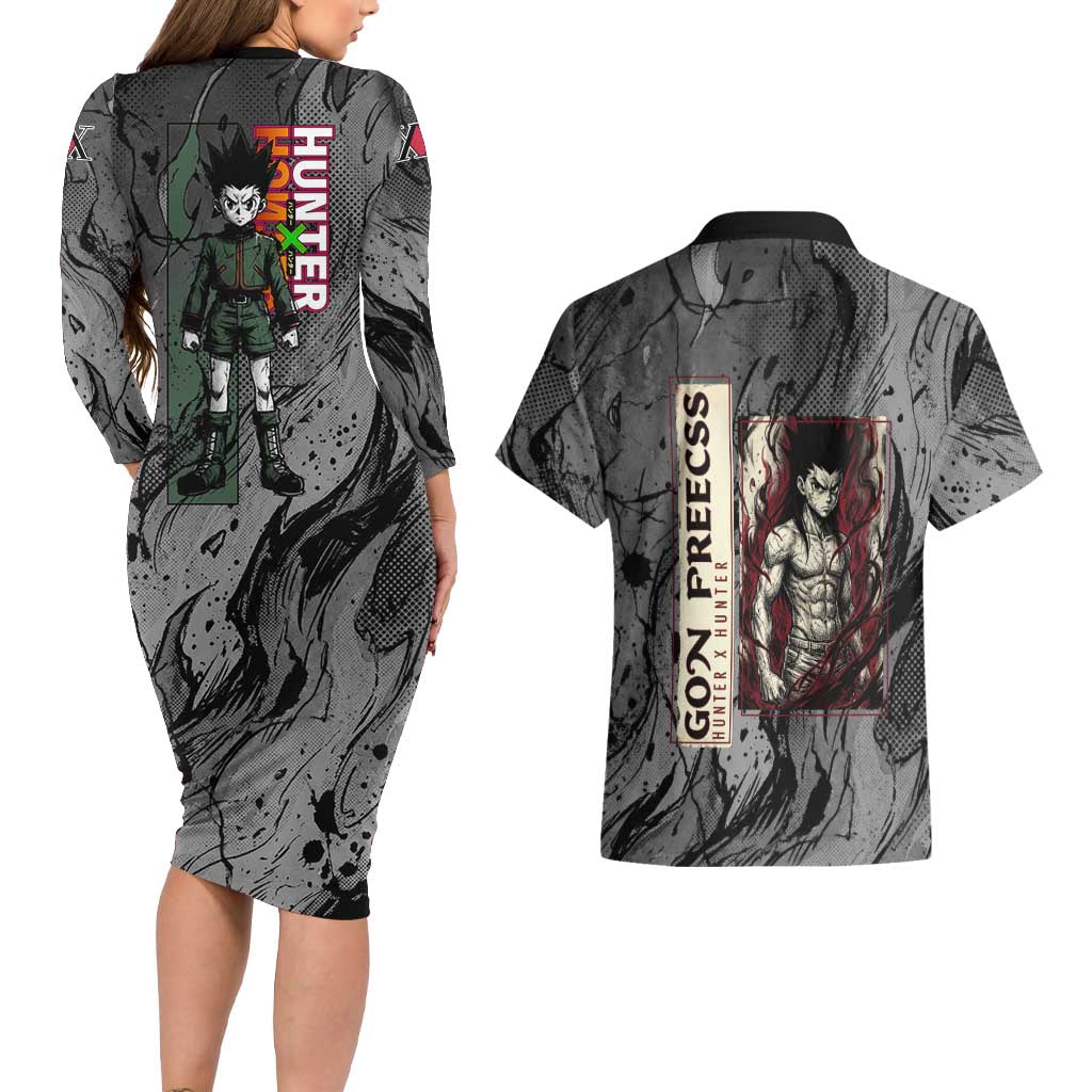 Gon Freecss Hunter x Hunter Dark Grunge Design Couples Matching Long Sleeve Bodycon Dress and Hawaiian Shirt with Transformation Artwork and Anime Graphic Elements - The Mazicc