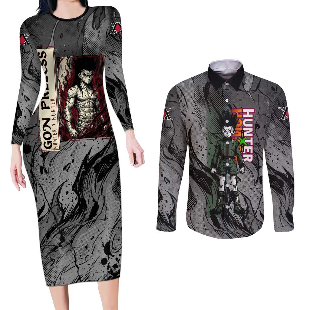 Gon Freecss Hunter x Hunter Dark Grunge Design Couples Matching Long Sleeve Bodycon Dress and Long Sleeve Button Shirt with Transformation Artwork and Anime Graphic Elements - The Mazicc