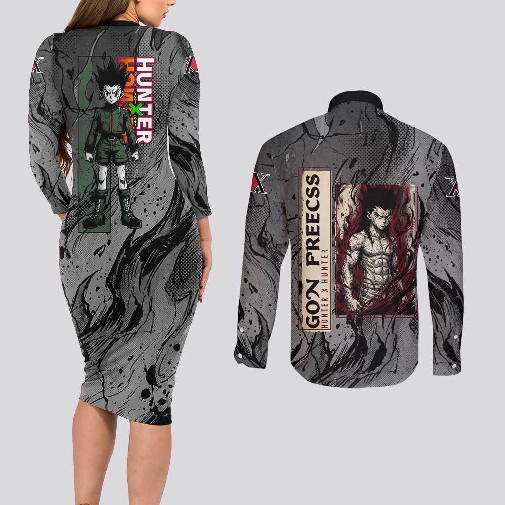 Gon Freecss Hunter x Hunter Dark Grunge Design Couples Matching Long Sleeve Bodycon Dress and Long Sleeve Button Shirt with Transformation Artwork and Anime Graphic Elements - The Mazicc