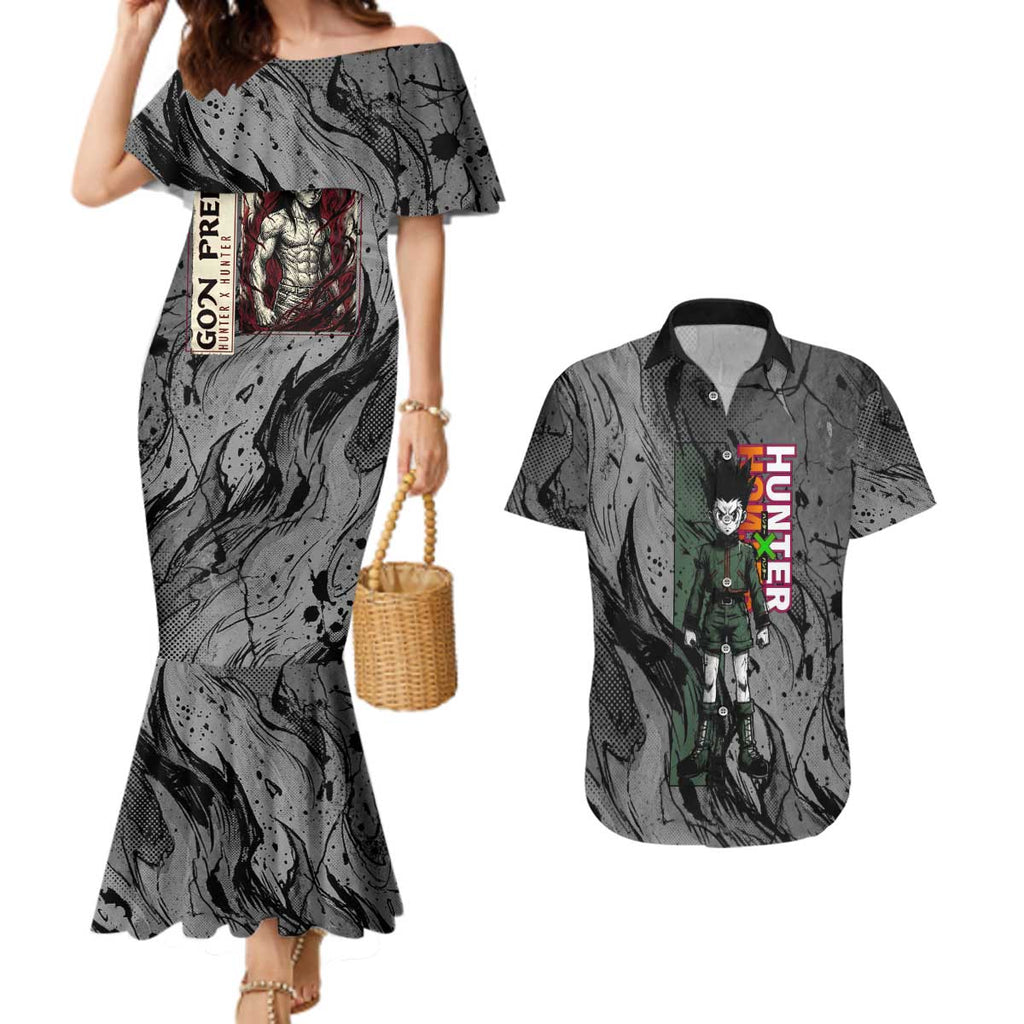 Gon Freecss Hunter x Hunter Dark Grunge Design Couples Matching Mermaid Dress and Hawaiian Shirt with Transformation Artwork and Anime Graphic Elements - The Mazicc