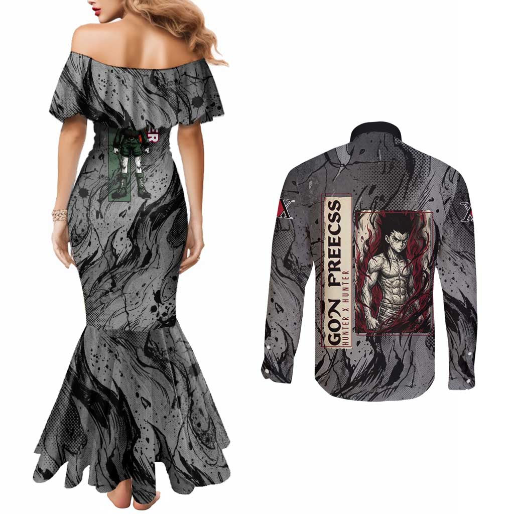 Gon Freecss Hunter x Hunter Dark Grunge Design Couples Matching Mermaid Dress and Long Sleeve Button Shirt with Transformation Artwork and Anime Graphic Elements - The Mazicc