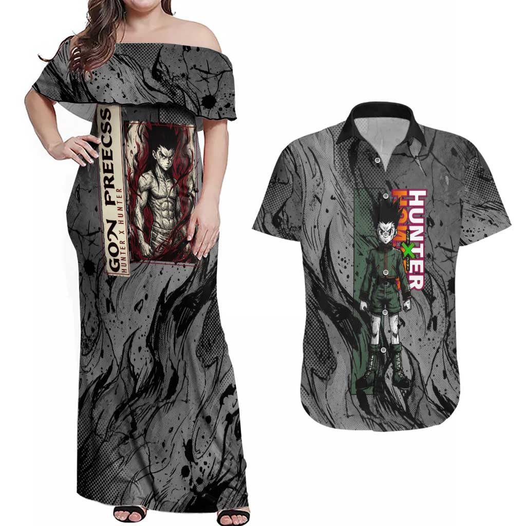Gon Freecss Hunter x Hunter Dark Grunge Design Couples Matching Off Shoulder Maxi Dress and Hawaiian Shirt with Transformation Artwork and Anime Graphic Elements - The Mazicc