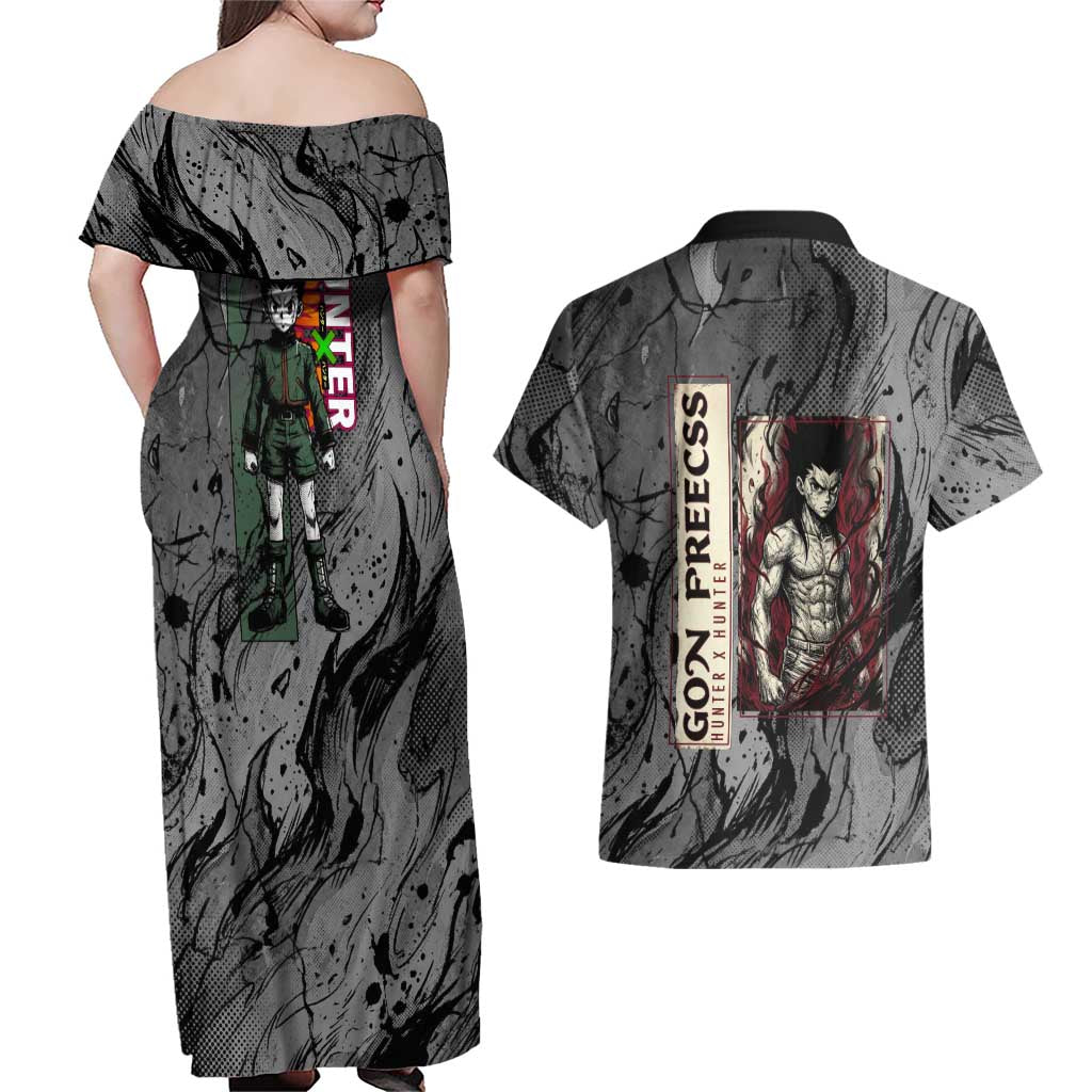 Gon Freecss Hunter x Hunter Dark Grunge Design Couples Matching Off Shoulder Maxi Dress and Hawaiian Shirt with Transformation Artwork and Anime Graphic Elements - The Mazicc
