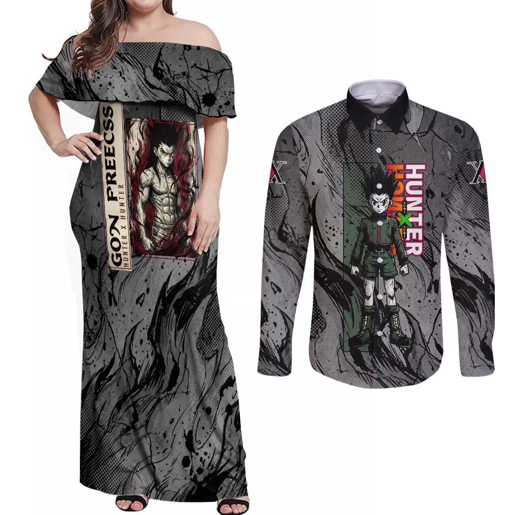 Gon Freecss Hunter x Hunter Dark Grunge Design Couples Matching Off Shoulder Maxi Dress and Long Sleeve Button Shirt with Transformation Artwork and Anime Graphic Elements - The Mazicc