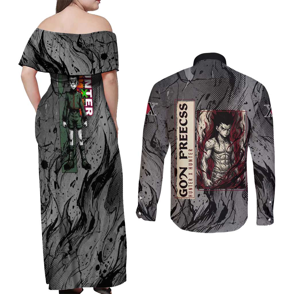 Gon Freecss Hunter x Hunter Dark Grunge Design Couples Matching Off Shoulder Maxi Dress and Long Sleeve Button Shirt with Transformation Artwork and Anime Graphic Elements - The Mazicc