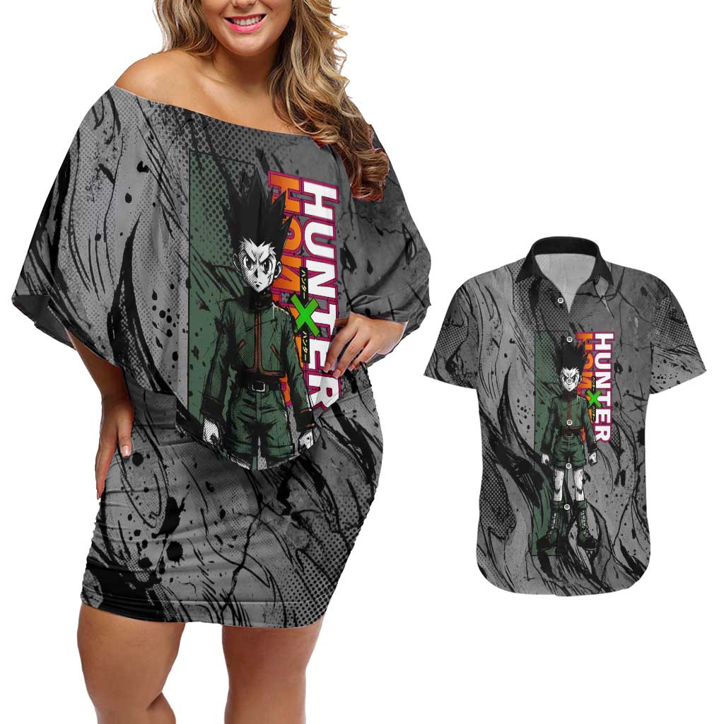 Gon Freecss Hunter x Hunter Dark Grunge Design Couples Matching Off Shoulder Short Dress and Hawaiian Shirt with Transformation Artwork and Anime Graphic Elements - The Mazicc