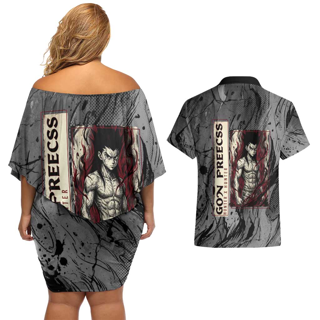 Gon Freecss Hunter x Hunter Dark Grunge Design Couples Matching Off Shoulder Short Dress and Hawaiian Shirt with Transformation Artwork and Anime Graphic Elements - The Mazicc