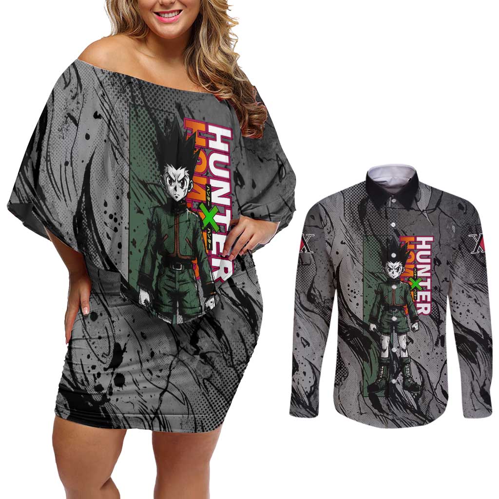 Gon Freecss Hunter x Hunter Dark Grunge Design Couples Matching Off Shoulder Short Dress and Long Sleeve Button Shirt with Transformation Artwork and Anime Graphic Elements - The Mazicc
