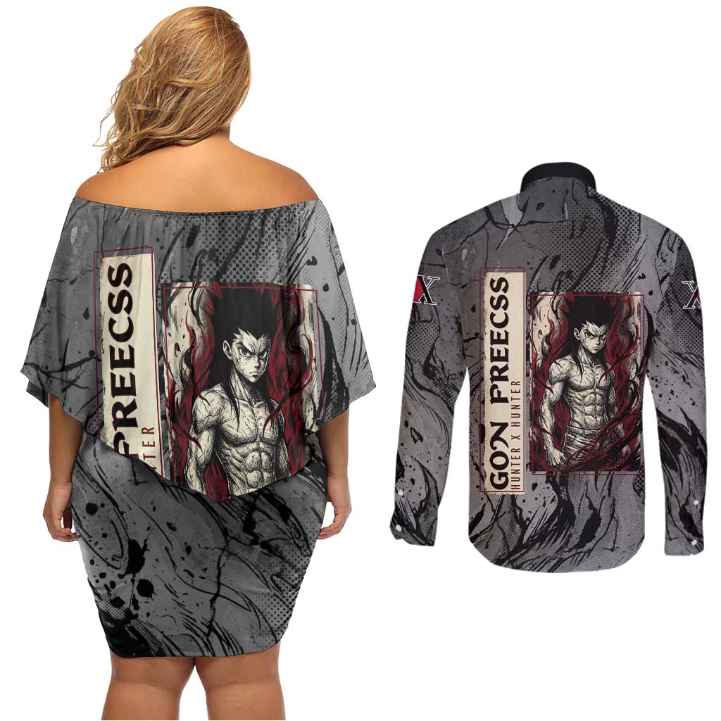 Gon Freecss Hunter x Hunter Dark Grunge Design Couples Matching Off Shoulder Short Dress and Long Sleeve Button Shirt with Transformation Artwork and Anime Graphic Elements - The Mazicc