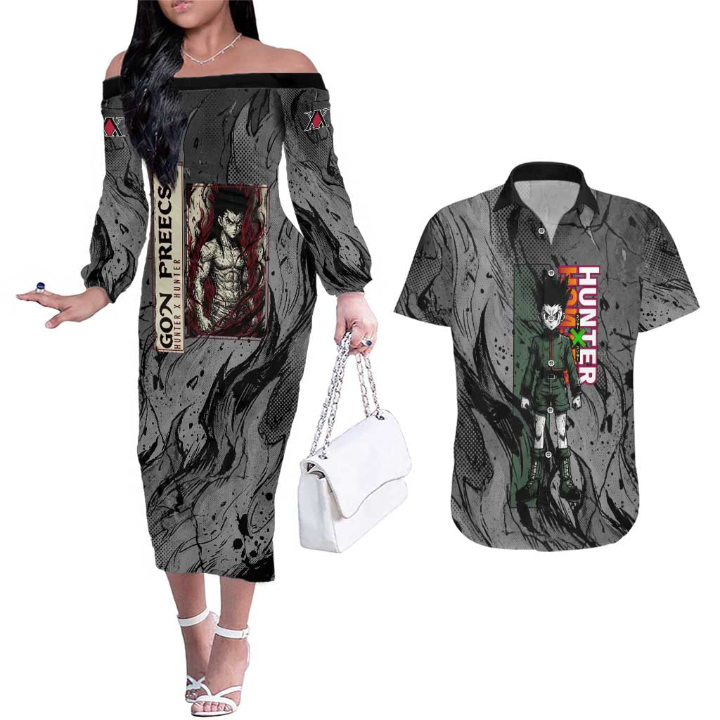 Gon Freecss Hunter x Hunter Dark Grunge Design Couples Matching Off The Shoulder Long Sleeve Dress and Hawaiian Shirt with Transformation Artwork and Anime Graphic Elements - The Mazicc