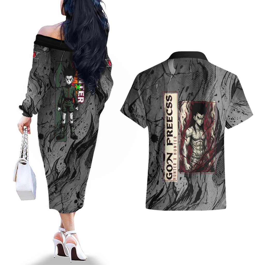 Gon Freecss Hunter x Hunter Dark Grunge Design Couples Matching Off The Shoulder Long Sleeve Dress and Hawaiian Shirt with Transformation Artwork and Anime Graphic Elements - The Mazicc