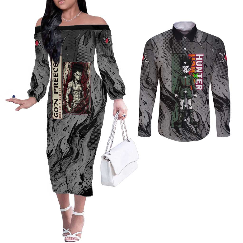 Gon Freecss Hunter x Hunter Dark Grunge Design Couples Matching Off The Shoulder Long Sleeve Dress and Long Sleeve Button Shirt with Transformation Artwork and Anime Graphic Elements - The Mazicc
