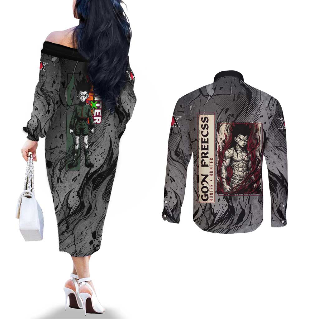 Gon Freecss Hunter x Hunter Dark Grunge Design Couples Matching Off The Shoulder Long Sleeve Dress and Long Sleeve Button Shirt with Transformation Artwork and Anime Graphic Elements - The Mazicc