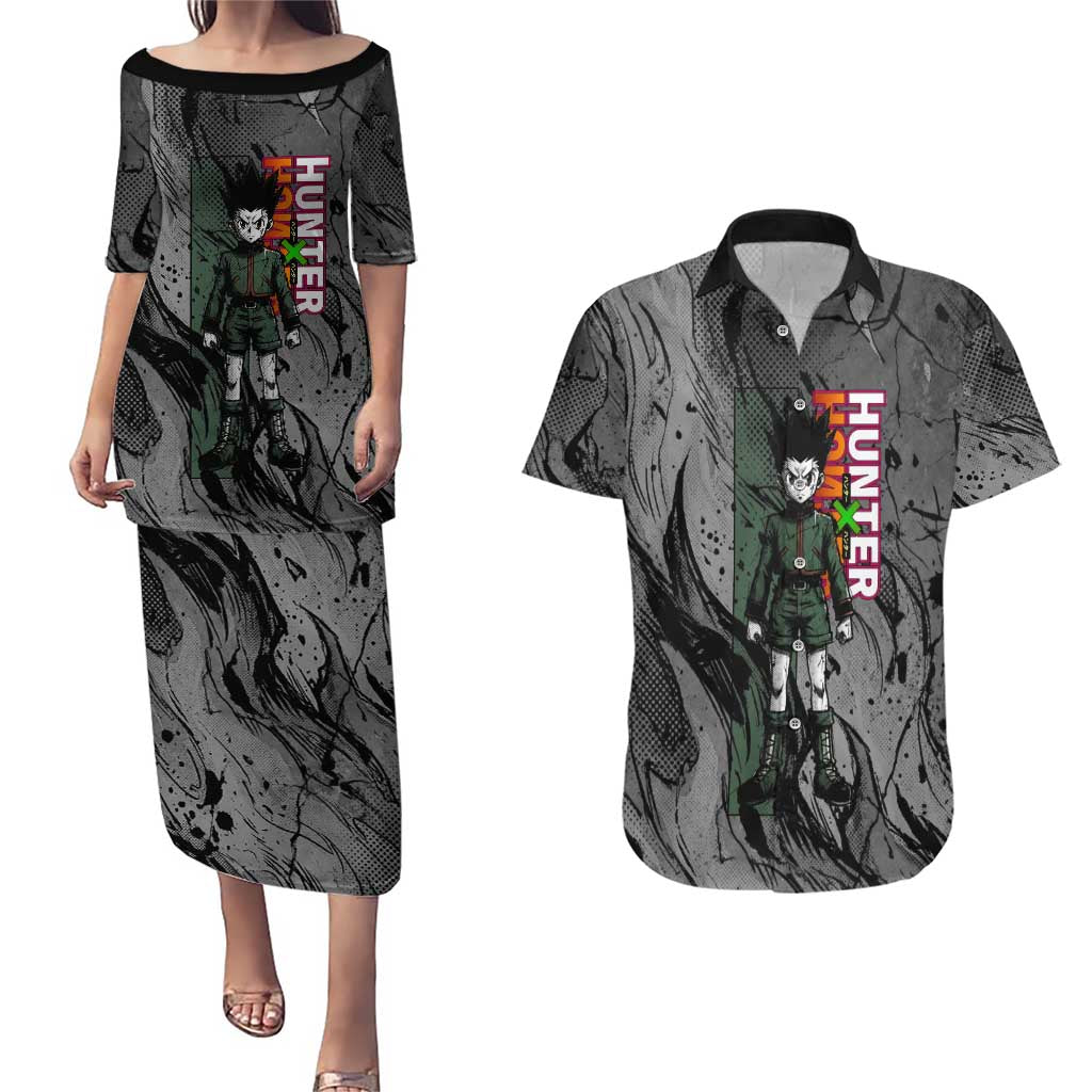 Gon Freecss Hunter x Hunter Dark Grunge Design Couples Matching Puletasi and Hawaiian Shirt with Transformation Artwork and Anime Graphic Elements - The Mazicc