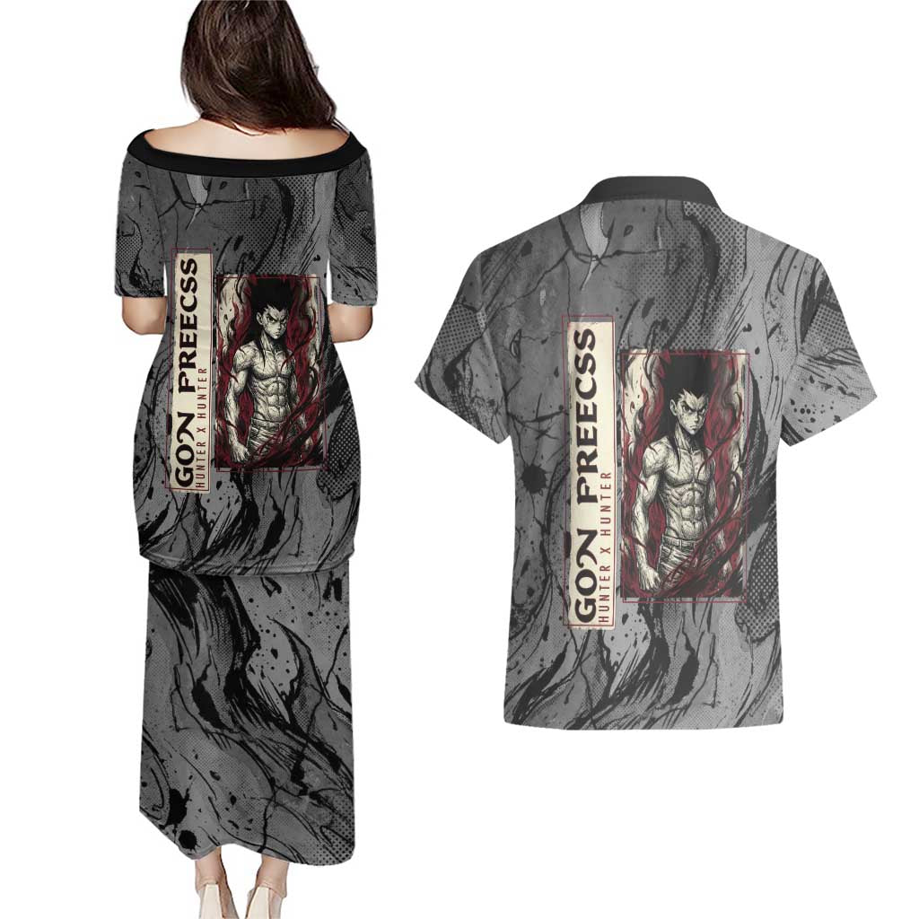 Gon Freecss Hunter x Hunter Dark Grunge Design Couples Matching Puletasi and Hawaiian Shirt with Transformation Artwork and Anime Graphic Elements - The Mazicc